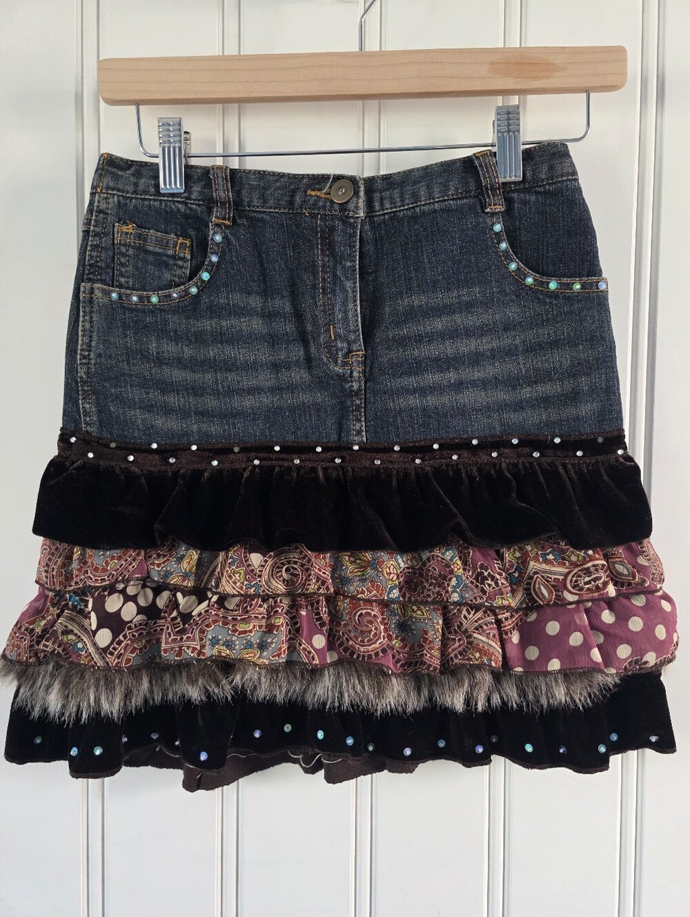 Blu Denim Multi Patterned Tiered Ruffle Faux Fur Mini Skirt Girls Size 12